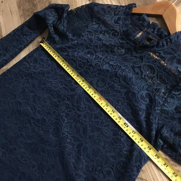 Tahari Navy Blue Lacy Bell Sleeve Lolita Babydoll Dress - Picture 13 of 16